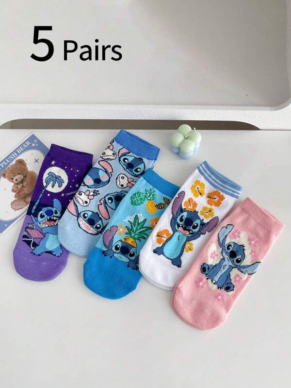 Disney 5 pares de calcetines para niños con diseños de dibujos animados de Disney, calcetines cortos tipo barco, transpirables para primavera/verano, con diseño de Stitch azul, calcetines de boca poco profunda de anime, calcetines cortos casuales para estudiantes, unisex para niños/niñas