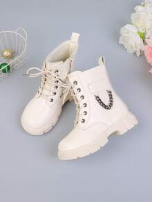 新款圆头儿童靴子休闲复古平底女童短靴防滑耐磨靴子女孩学生朋克靴 - 米色 - 查看 6