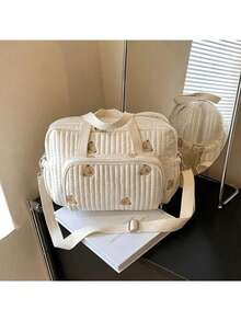 新款时尚妈妈手提包，韩版刺绣单肩斜挎包，大容量刺绣泰迪尿布包，适合学校，学校配件，学校用品，旅行必需品，假日度假包，行李箱，旅行包，女士 - 米色 - 查看 1