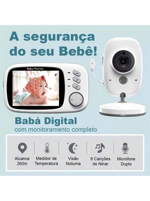 Monitor de Bebê VB603 Sem Fio com Câmera Noturna - Intercomunicador Bidirecional, Dual Voltage (110V/220V), Branco | Dispositivo Doméstico para Monitoramento Infantil