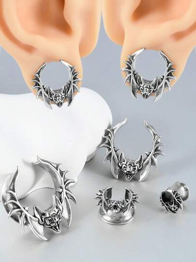 1 par de aros y enchufes con forma de murciélago en forma de U estilo punk de cobre, sin rosca, con reborde ensanchado para perforación de orejas unisex, de aspecto genial y retro para uso diario