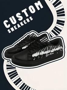 [Music Festival Theme]Men's Custom Name Lightweight Low-Top Sneakers, PU Leather Panel Shoes, Piano Keyboard Print, Unisex All-Season Casual Wear - Multicolor - View 2