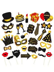 30件套（黑金配色）生日拍照道具派对用品套装 - 生日快乐派对礼物，包含闪光标牌和摆拍道具 - 黑色 - 查看 2