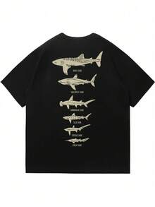 Men's Casual Ocean Fish Graphic Print Round Neck Short Sleeve T-Shirt, Summer - Black - View 2