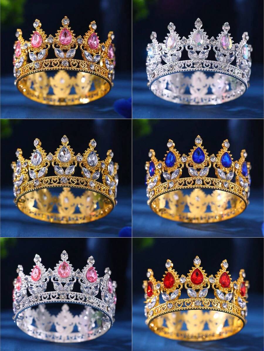 Baroque Round Crown Headpiece, Alloy Rhinestone Crown, Suitable For Wedding Decor, Party, Birthday, Performance, Bouquet Decor