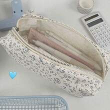 Tempat Pensil Motif Bunga yang Cerah dan Elegan - Terbuat dari Poliester Tahan Lama, Kantong Serbaguna dengan Resleting untuk Mengatur Perlengkapan Kantor, Kosmetik, dan Kebutuhan Kecantikan - Sempurna untuk Sekolah, Kerja, atau Perjalanan 1/2 buah - Putih - View 3