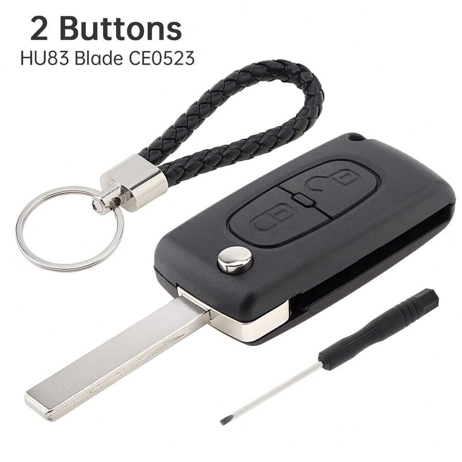 2 قطع جراب استبدال مفتاح التحكم عن بعد للسيارة مع الأزرار مناسب ل- Peugeot 207 307 308 407 / Citroen C1 C2 C3 C4، يأتي مع سلسلة المفاتيح ومفك، قذيف مفتاح السيارة متين (HU83+CE0523)