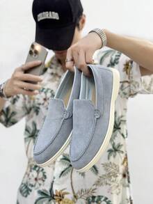 Giày lười nam, giày lười nhẹ thoáng khí, giày lười lái xe màu trơn, giày trong nhà và ngoài trời, giày y tá thoải mái, giày bố Old Money Chic mùa thu - Màu xanh nhạt - Xem 3