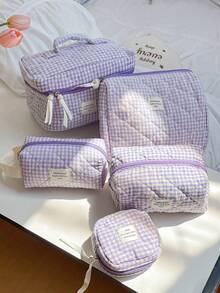 大容量家居收纳整理套装，包含拉链便携旅行洗漱包、经典紫色格子化妆包、柔软绗缝手提包、时尚撞色带提手化妆包、迷你方形卫生巾收纳袋、多功能家居收纳包、女士化妆包、旅行化妆包，是情人节、圣诞节、感恩节、伴娘婚礼的理想礼物。 - 紫色 - 查看 14