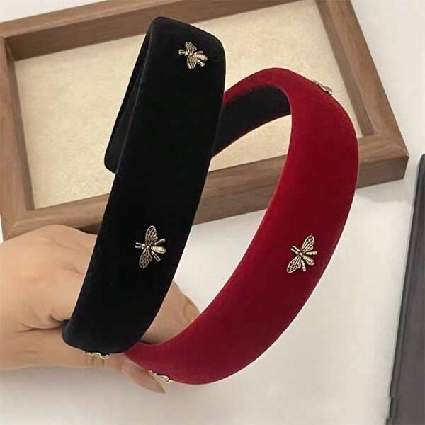 1pc 2cm Wide Women Vintage Fashion Headband, Black Autumn/Winter Velvet Small Bee Decor Wide Soft Sponge Anti-Slip Hairband, Elegant Sweet Style For School, Party, Ball, Daily Match