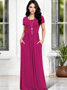 Long Pleated Dress With Wide Round Neck And Short Sleeves - Fucsia - View 1