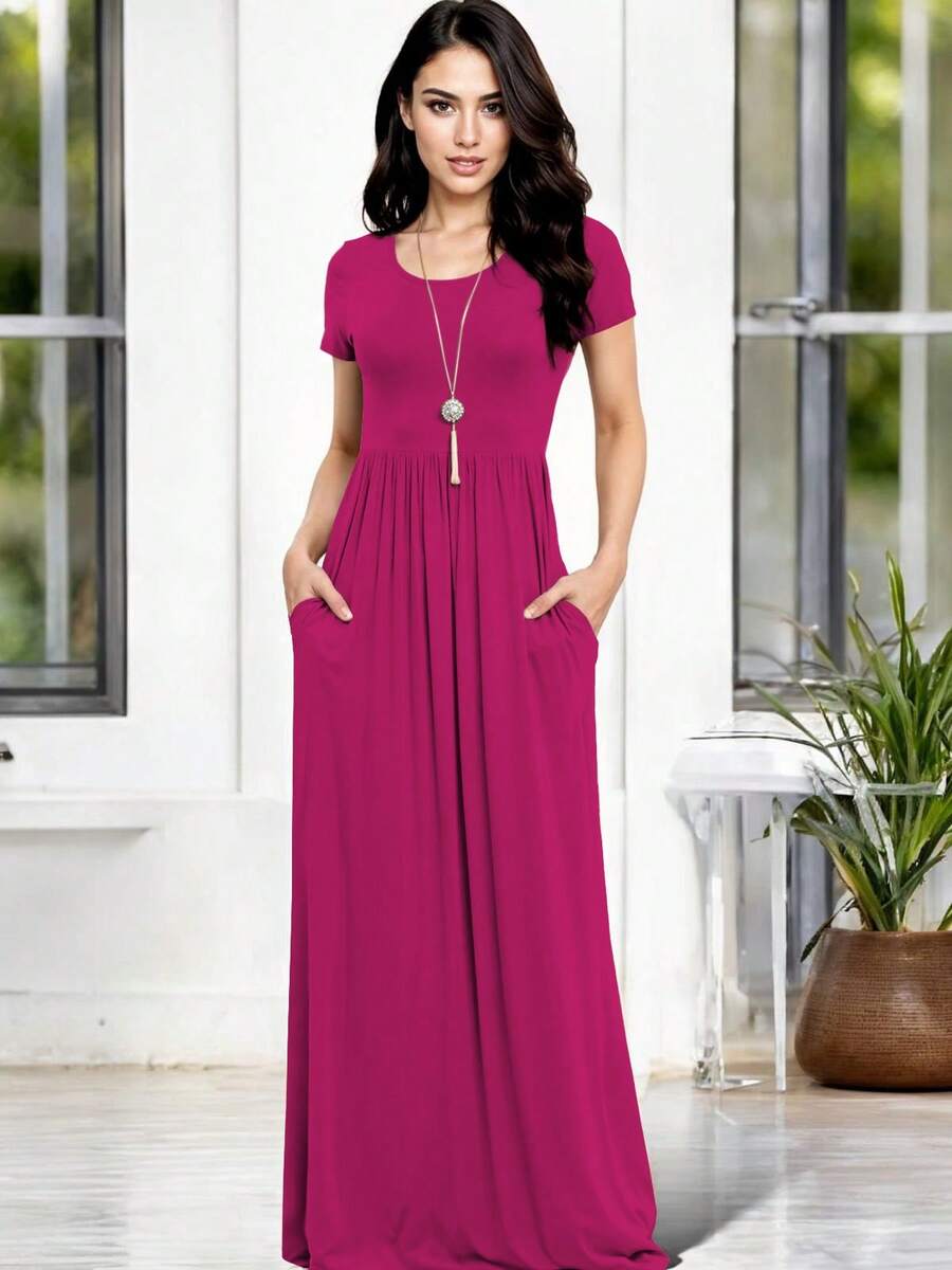 Long Pleated Dress With Wide Round Neck And Short Sleeves - Fucsia - View 1