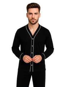 Men's Long Pajamas Adult Long Sleeve Long Pants - 黑色 - 查看 2