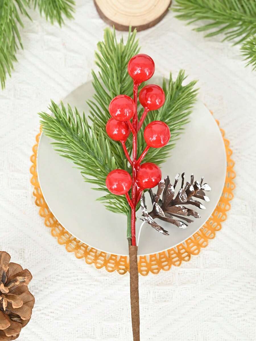 1/3/5pcs Christmas Red Berries Pine Cone Branches Artificial Pine Needles Christmas Tree Ornaments Home Decoration Diy Wreath Gift Holiday Decoration Simulation Plant Christmas Decorations Room Decor Winter