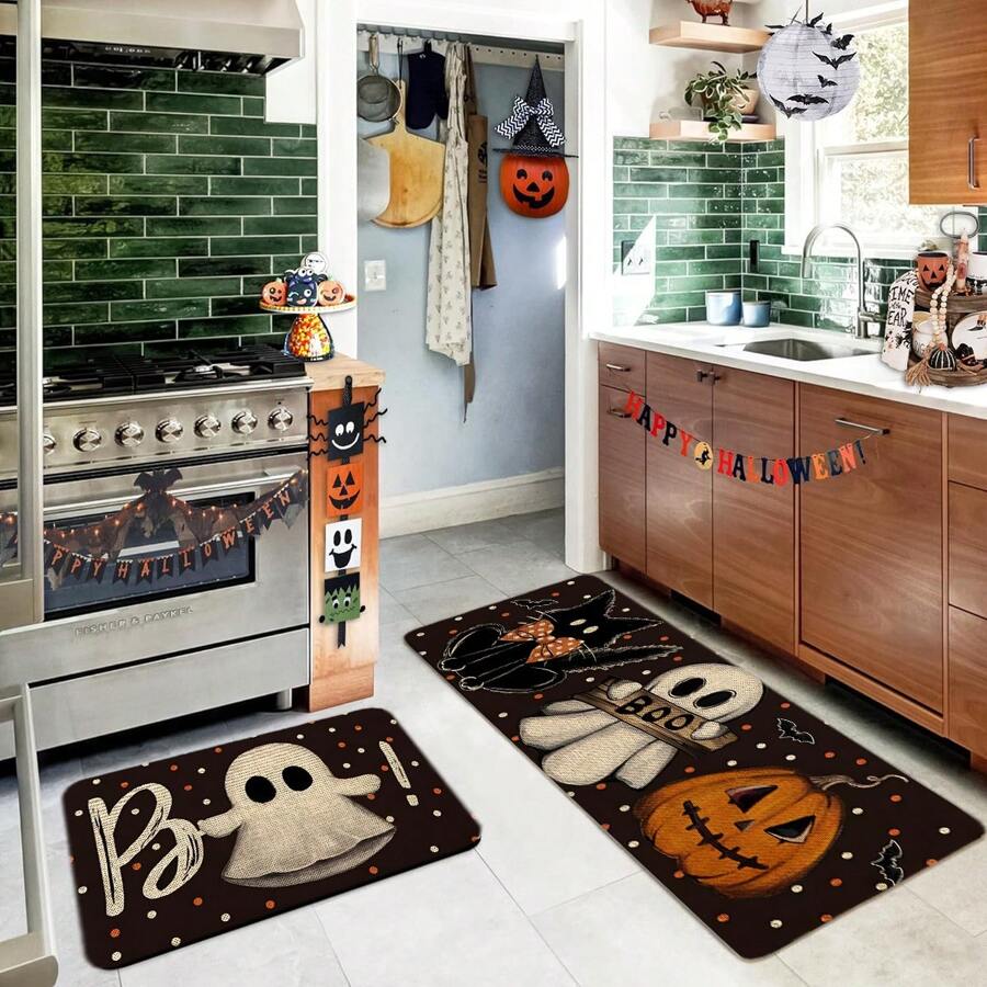 1pc Halloween Ghost Printed Rubber Backed Linen Area Rug, Kitchen Mat, Bathroom Mat, Multi-Use Floor Mat, Kitchen Decor, Wedding Decor, Party Decor, Home Decor, Dining Room Decor - Printing - View 1