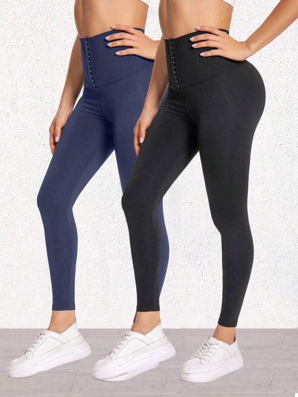 2 peças de calças de ioga de cintura alta para mulheres, leggings justas com detalhes de botão para esportes ao ar livre, ciclismo, academia