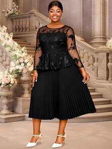 Plus Size Women Black 3D Butterfly See Through Peplum Dress Long Sleeve Elegant Pleated Evening Party Dress - Black - View 3