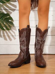 Fall/Winter Women's Cowgirl Boots With Block Heel, Pointed Toe And Embroidery, Western Style Leather Shaft Mid-Calf Pull-On Boots,Cowboy Boots - Coffee Brown - View 6