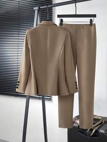 Women's Casual Business Commute Mandarin Collar Single-Breasted Slim Fit Long Sleeve Blazer And Straight Pants Set, Autumn/Winter