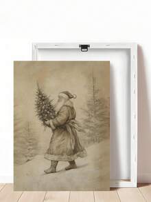 1pc Vintage Santa Claus Sketch, Santa Claus Backpack Wrapped Canvas Poster, Retro Santa Wall Art, Vintage Santa Reindeer Print, Rustic Christmas Printables, Santa Claus Painting, Bedroom Decor, Living Room Decor, Office Decor Home Decor Christmas Decorations