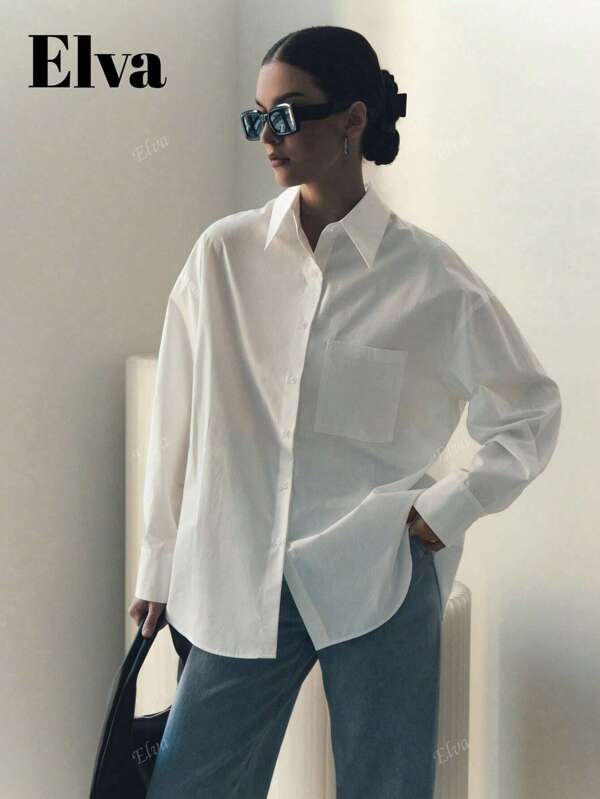 QIANZHIDU Elva Women'S Shirt Solid Color Long Sleeve Business Interview Commuting Leisure Relaxation Simple Temperament Spring Summer Autumn Shirt