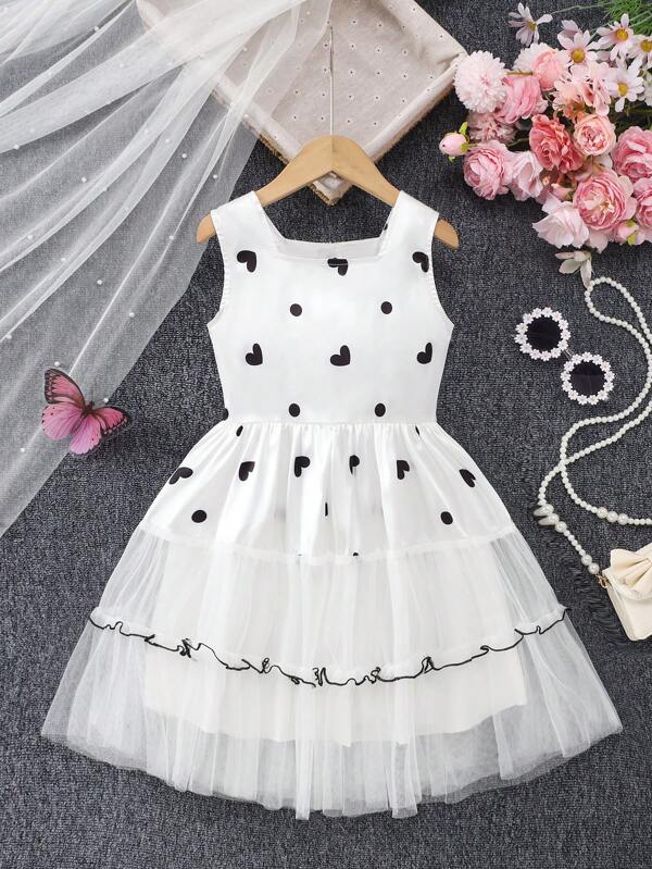 Vestido elegante sin mangas con parche de malla con corazón y lunares para niña preadolescente