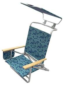 FENGSEN Reclining Beach Chair With 5 Positions And Awning – Aluminum Folding Chair With Wooden Armrests, Cup Holders, And Storage Bag, Ideal For Beach, Camping, And Garden - 藍色的葉子和花朵 - 查看 3