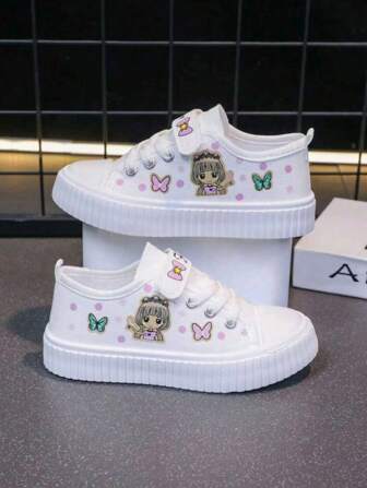 1 Pair Children's Fashionable Cartoon Print Canvas Sneakers, Indoor & Outdoor Sports Shoes, Suitable For Boys And Girls