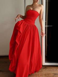 圣诞女士优雅性感红色无肩带长裙 – 不对称高开衩设计，后背系带可调节，是派对、鸡尾酒会、圣诞节、婚礼和约会之夜的理想之选，也是特殊场合、情人节派对和春季派对的完美选择。 - 紅色 - 查看 4