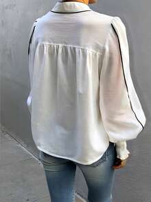 Women Banded Single-Breasted Lantern Sleeve Casual Loose Shirt
