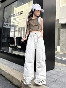 New Style Girls' Utility Pants, Casual Solid Color Trousers For Older Tween Girl