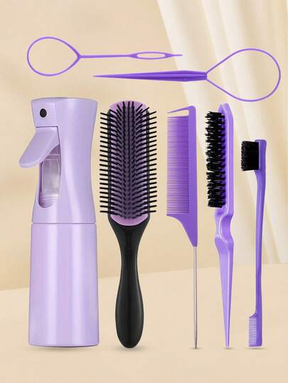7pcs Detangling Brush Set,9-Row Cushion Nylon Styling Brushes,The 200ml Continuous Spray Bottle,Braiding Tool,Rat Tail Comb & Edge Control Brush,Hair Brush Set,The Flexible Teeth Of The Comb Massage The Scalp And Reduce Pulling,Making It Suitable For Everyday Combing,Simple And Practical Appearance,Suitable For Barbershop,Home And Travel Use,Suitable For All Types Of Hair,To Create The Perfect Hairstyle(Purple)