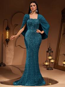 Nuevo vestido de noche elegante y de lujo de alta gama para mujer con mangas de chifón, encaje y aplicaciones de lentejuelas, adecuado para bodas y banquetes (el tamaño es pequeño, se recomienda a los clientes que verifiquen el tamaño al hacer el pedido)