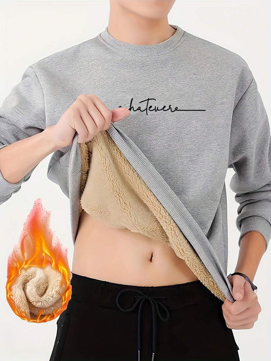 男士字母印花保暖连帽衫，长袖灰色圆领卫衣，男士休闲日常保暖上衣，宽松圆领长袖连帽衫，春秋季