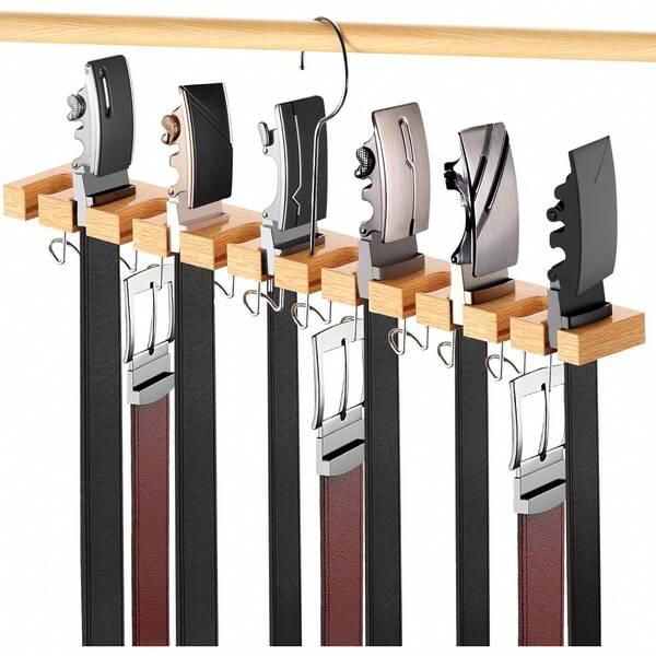 Percha de madera 2 en 1 para cinturones y corbatas, organizador de pared con ganchos giratorios de 360°, capacidad para 42 cinturones