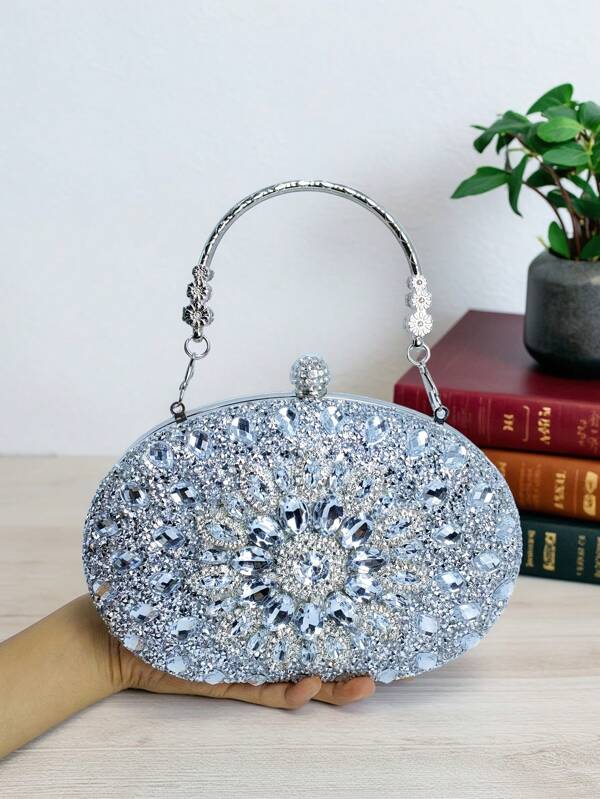 1 pieza Bolso de mano de lujo con purpurina metálica y decoración de cristal, elegante bolso de fiesta de noche para señoras con cadena de metal, apropiado para ocasiones formales, bodas, banquetes, fiestas - regalo para mujeres