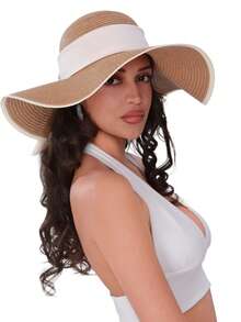 女士防晒草帽宽边UPF 50夏季帽子可折叠卷起软边沙滩帽女