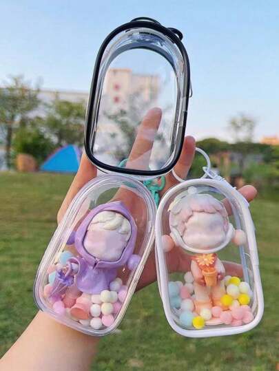 1 Pc Macaron Transparent Dustproof Storage Bag - Fashionable Vinyl Protective Cover For Women ,Cosmetics Storage Bag, Transparent Figure Display Bag, Doll Bag, Collection Display Box, Zipper Closed, Headphone Charger Storage Bag,(Doll And Other Accessories Are Not Included)