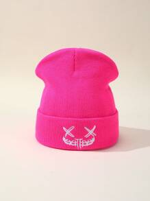 Bonnet tricoté unisexe avec expression mignonne/maléfique brodée, polyvalent