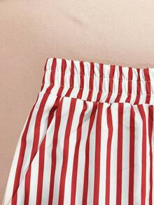 Striped Long Sleeve Shorts Set With Lapel - Hot Pink - View 10