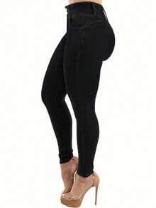 女士提臀牛仔裤，高弹力紧身长裤，时尚优雅，适合约会、通勤、休闲出游 - 黑色 - 查看 2