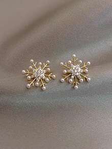 1 对简约优雅雪花设计人造珍珠镶嵌玻璃耳钉，适合女性日常、通勤和节日 - 金黃色 - 查看 4