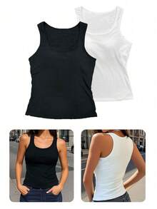 2 件套纯色休闲舒适简约无袖背心，涤纶罗纹常规版型背心，内置不可拆卸垫，夏季，健身