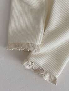 Newborn Baby Girls Solid Color Lace Trim Elastic Leggings, Spring/Autumn - Beige - View 10