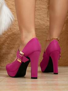 Ladies' Elegant Thick Heel High Heels, Elegant Solid Color Mary Jane Shoulder Strap Casual Shoes, Comfortable Office Shoes - 玫紅色 - 查看 3