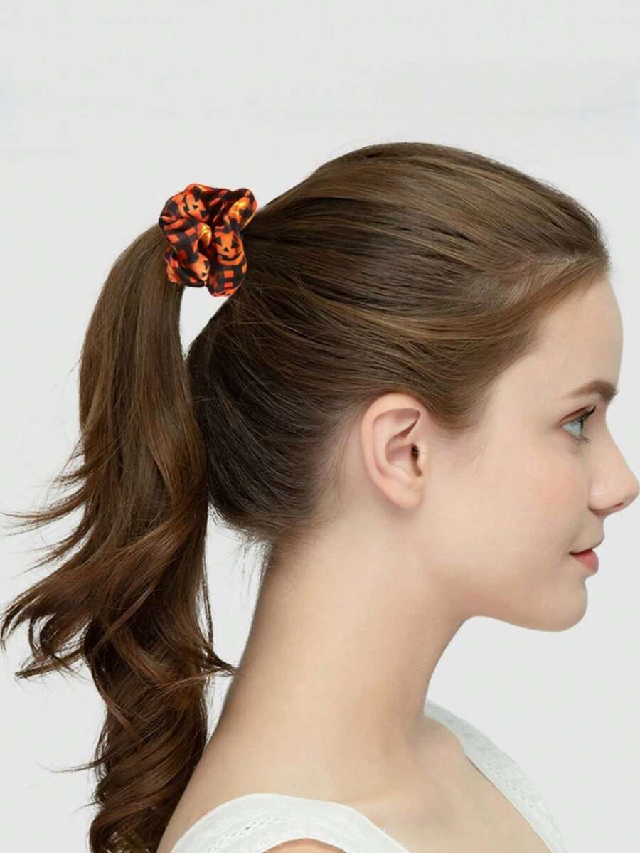 3 件套时尚印花发圈，南瓜、骷髅、布卷发饰，适合女性、百搭发型、马尾辫夹、发圈、发绳 - 彩色 - 查看 1