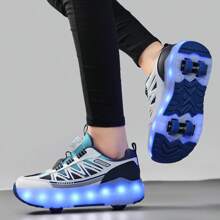 LED Multi-Flashing 4-Wheel Roller Skates, Quick Gliding, Detachable Wheels, Fashion Casual 2-In-1 Roller Shoes, Rotary Buckle Adjustable Loose Fit - Blue - View 5