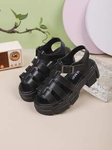 儿童厚底舒适编织罗马凉鞋儿童时尚厚底镂空软底防滑凉鞋 - 黑色 - 查看 6