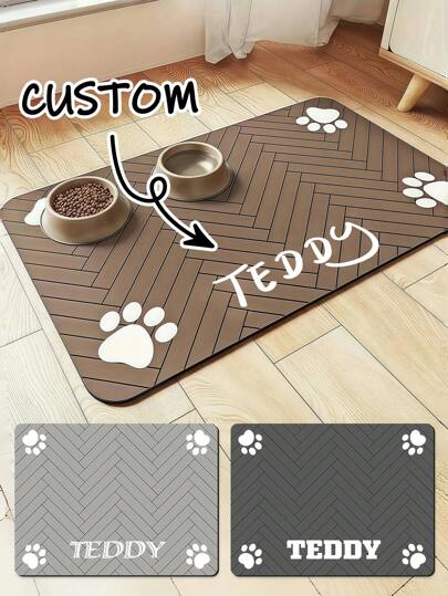 Personalized Pet Feeding Mat - Quick Drying Water-Absorbent Non-Slip Dog Bowl Mat, With Customized Name And Paw Print, Nordic Herringbone Rubber/Silicone Floor Mat Suitable For Hardwood Floor, Dog Feeding Mat, Nordic Inspired Design Ornamental, Engraved Stylish, Fashion, Colorful, Vintage, Cute, Contracted, Cuties Custom, Unique