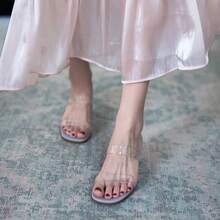 Mujer de moda sandalias de tacón medio una palabra zapatillas transparentes sandalias de tacón grueso ins sexy - Morado - Ver 2